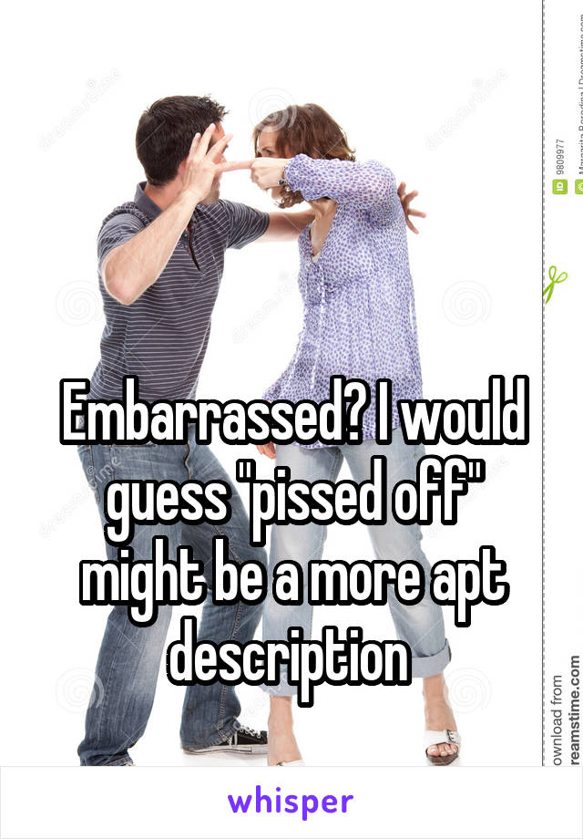 


Embarrassed? I would guess "pissed off"
might be a more apt description 