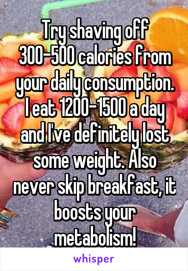 Try shaving off 300-500 calories from your daily consumption. I eat 1200-1500 a day and I've definitely lost some weight. Also never skip breakfast, it boosts your metabolism!
