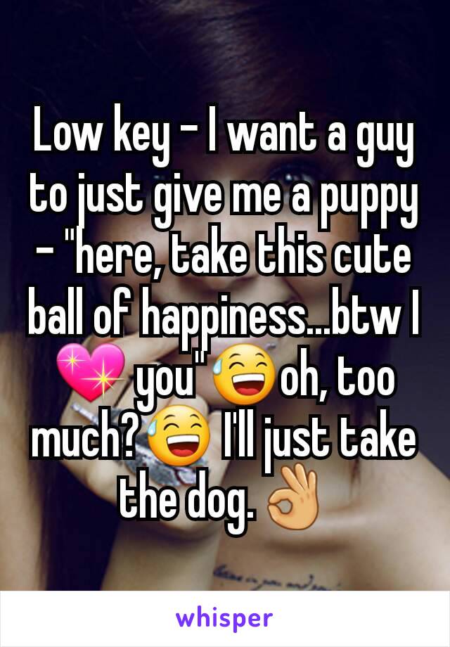 Low key - I want a guy to just give me a puppy - "here, take this cute ball of happiness...btw I 💖 you"😅oh, too much?😅 I'll just take the dog.👌