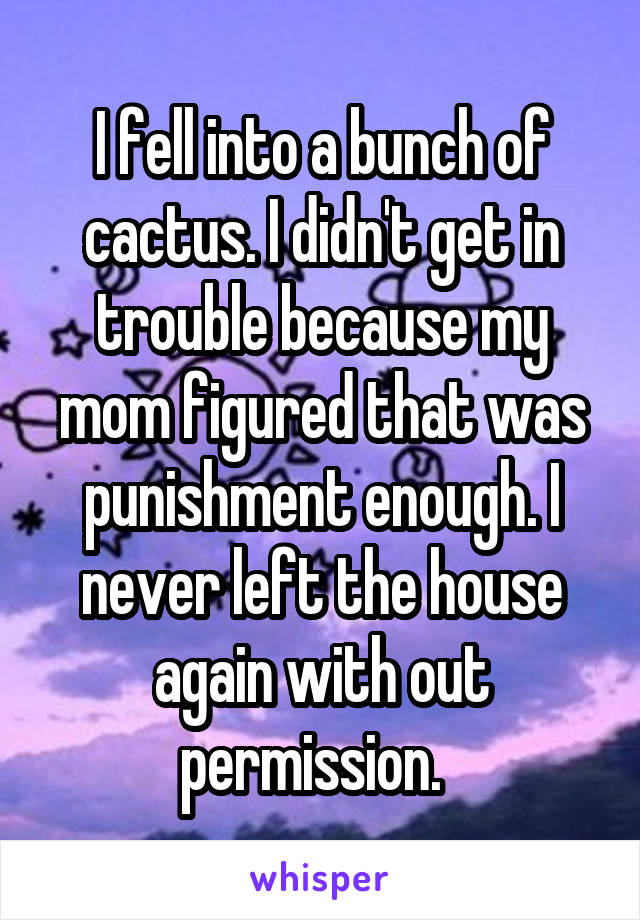 I fell into a bunch of cactus. I didn't get in trouble because my mom figured that was punishment enough. I never left the house again with out permission.  