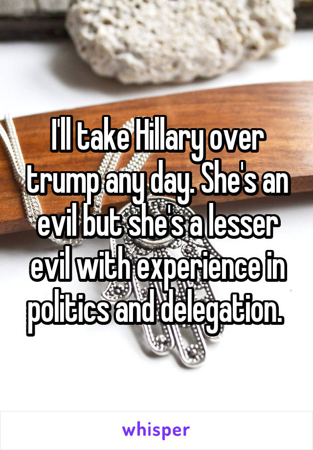 I'll take Hillary over trump any day. She's an evil but she's a lesser evil with experience in politics and delegation. 