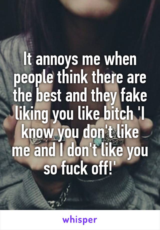 It annoys me when people think there are the best and they fake liking you like bitch 'I know you don't like me and I don't like you so fuck off!'
