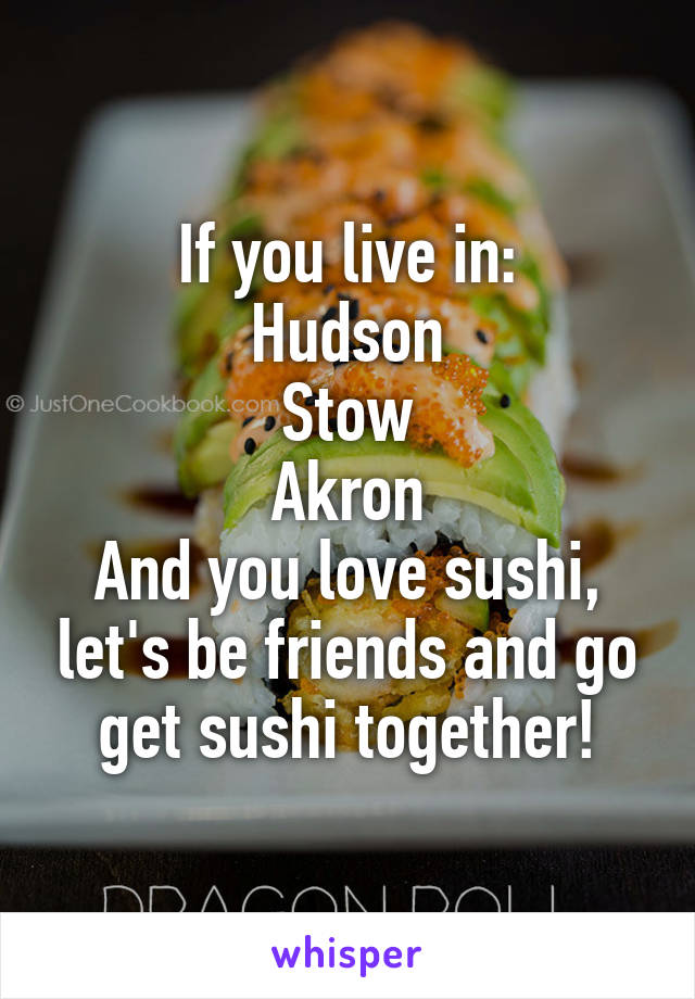If you live in:
Hudson
Stow
Akron
And you love sushi, let's be friends and go get sushi together!