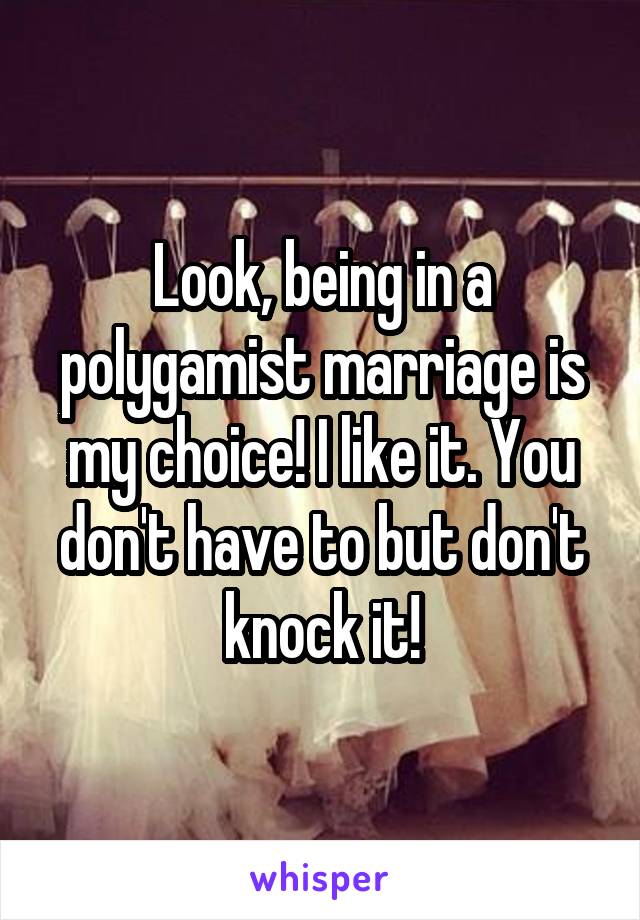 Look, being in a polygamist marriage is my choice! I like it. You don't have to but don't knock it!