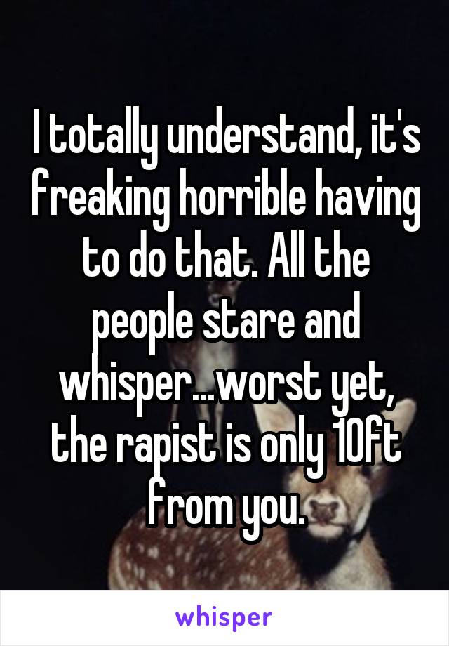 I totally understand, it's freaking horrible having to do that. All the people stare and whisper...worst yet, the rapist is only 10ft from you.