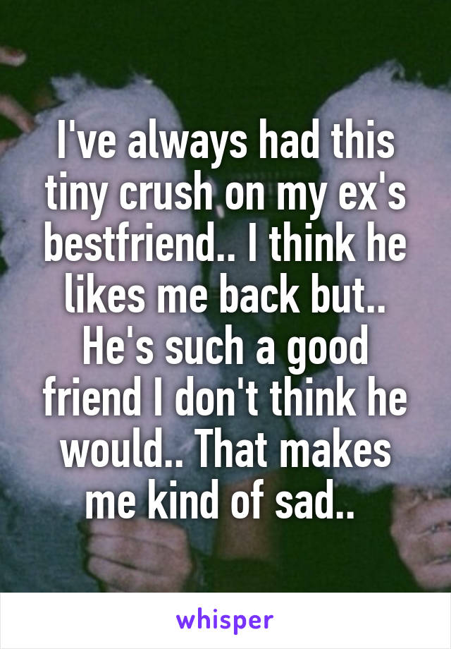 I've always had this tiny crush on my ex's bestfriend.. I think he likes me back but.. He's such a good friend I don't think he would.. That makes me kind of sad.. 