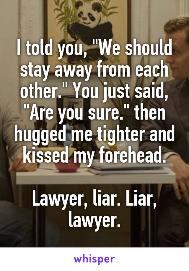 I told you, "We should stay away from each other." You just said, "Are you sure." then hugged me tighter and kissed my forehead.

Lawyer, liar. Liar, lawyer.