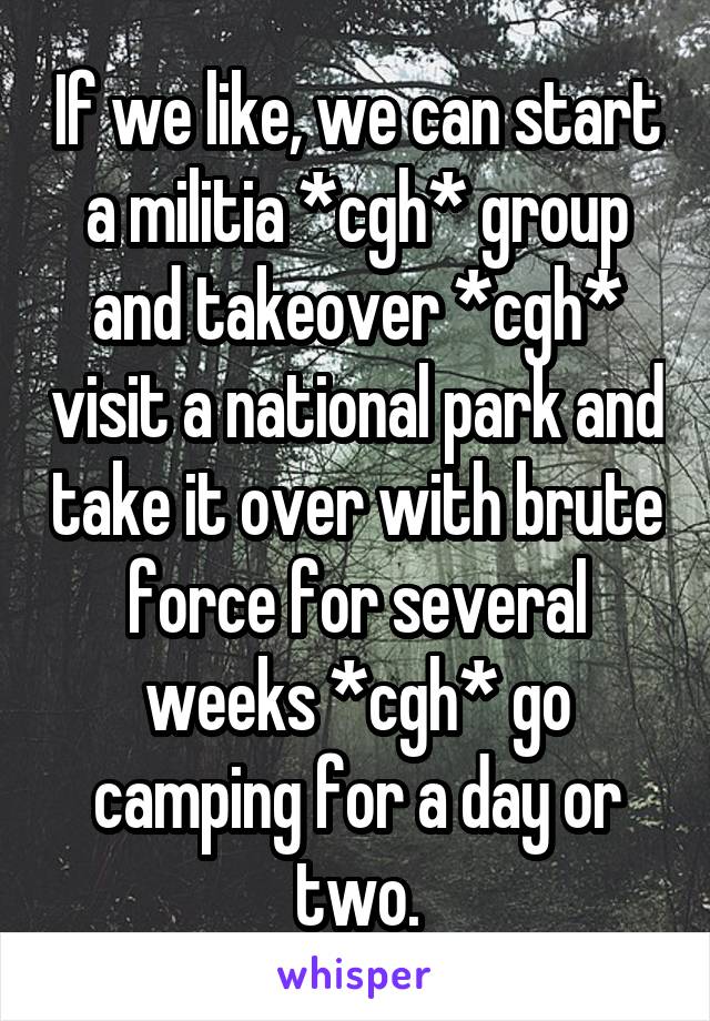 If we like, we can start a militia *cgh* group and takeover *cgh* visit a national park and take it over with brute force for several weeks *cgh* go camping for a day or two.