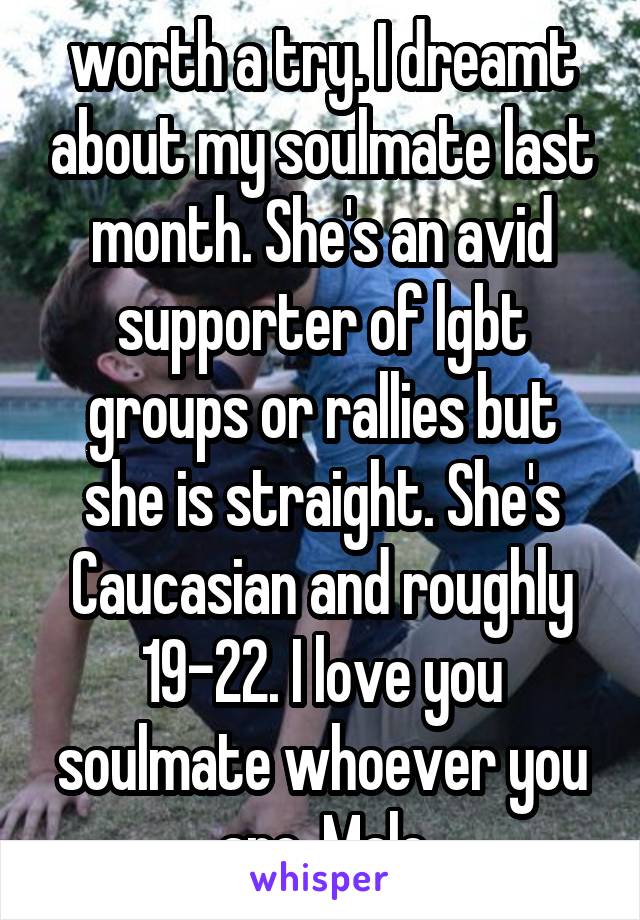 worth a try. I dreamt about my soulmate last month. She's an avid supporter of lgbt groups or rallies but she is straight. She's Caucasian and roughly 19-22. I love you soulmate whoever you are. Male