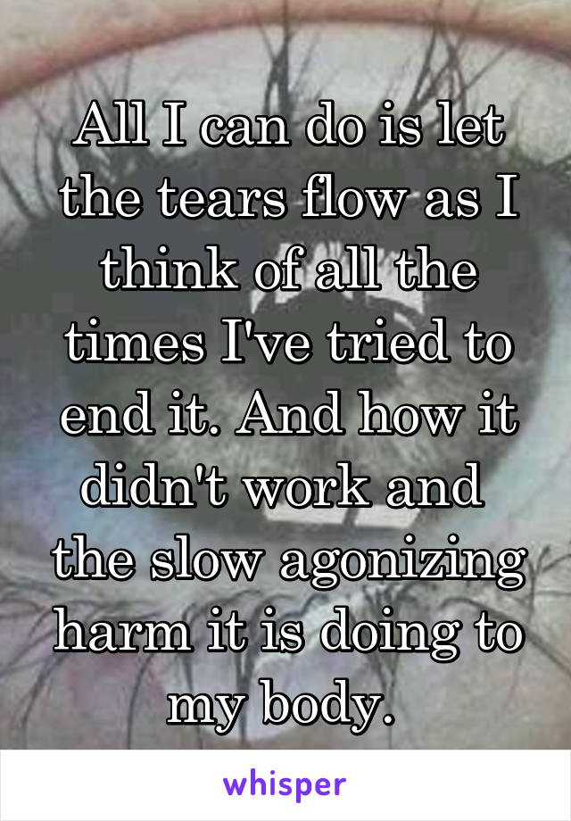 All I can do is let the tears flow as I think of all the times I've tried to end it. And how it didn't work and  the slow agonizing harm it is doing to my body. 