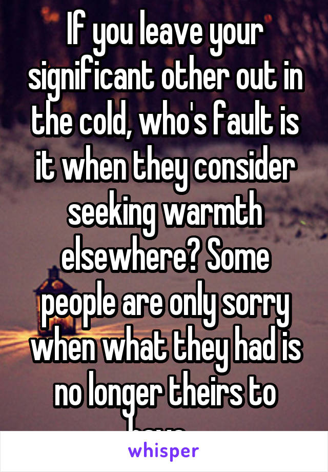 If you leave your significant other out in the cold, who's fault is it when they consider seeking warmth elsewhere? Some people are only sorry when what they had is no longer theirs to have.. 