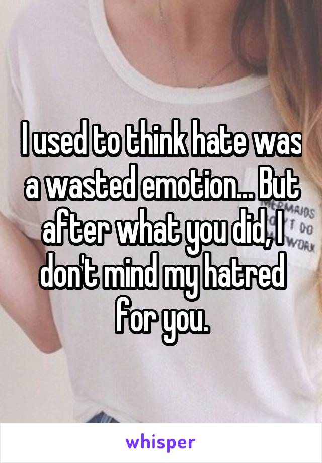 I used to think hate was a wasted emotion... But after what you did, I don't mind my hatred for you.