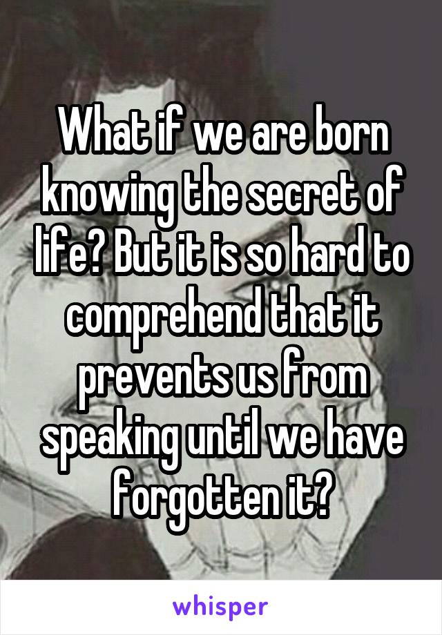 What if we are born knowing the secret of life? But it is so hard to comprehend that it prevents us from speaking until we have forgotten it?