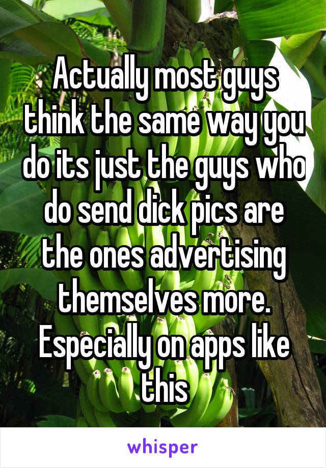 Actually most guys think the same way you do its just the guys who do send dick pics are the ones advertising themselves more. Especially on apps like this