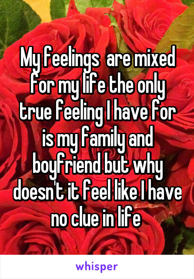 My feelings  are mixed for my life the only true feeling I have for is my family and boyfriend but why doesn't it feel like I have no clue in life 