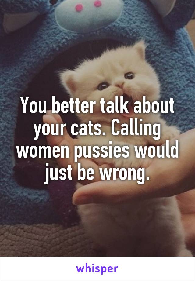 You better talk about your cats. Calling women pussies would just be wrong.