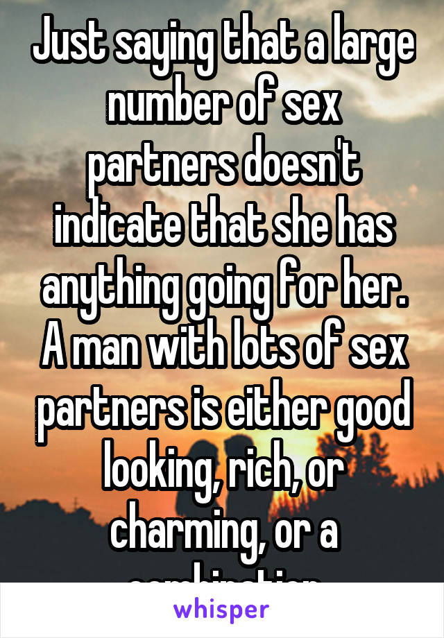 Just saying that a large number of sex partners doesn't indicate that she has anything going for her. A man with lots of sex partners is either good looking, rich, or charming, or a combination