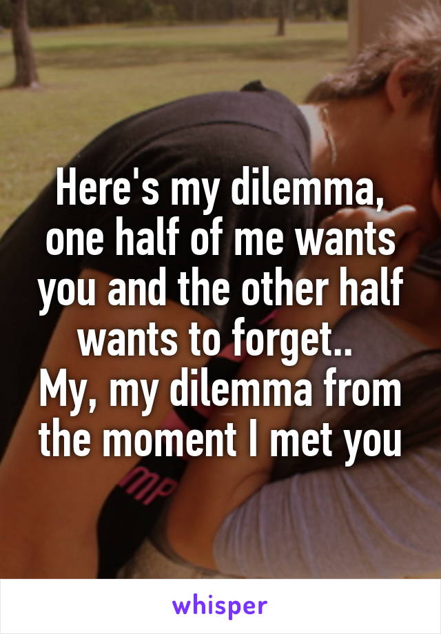 Here's my dilemma, one half of me wants you and the other half wants to forget.. 
My, my dilemma from the moment I met you