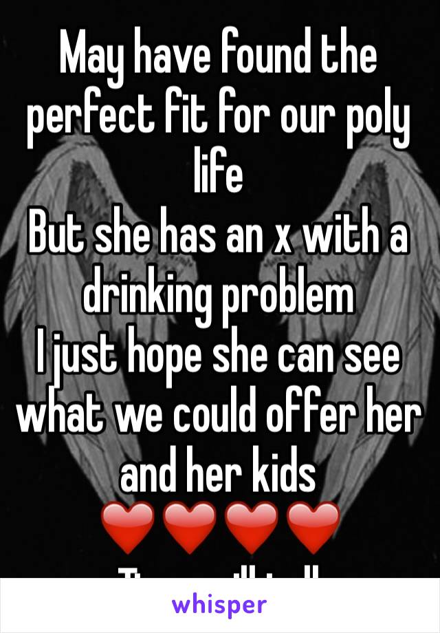 May have found the perfect fit for our poly life
But she has an x with a drinking problem
I just hope she can see what we could offer her and her kids
❤️❤️❤️❤️
Time will tell