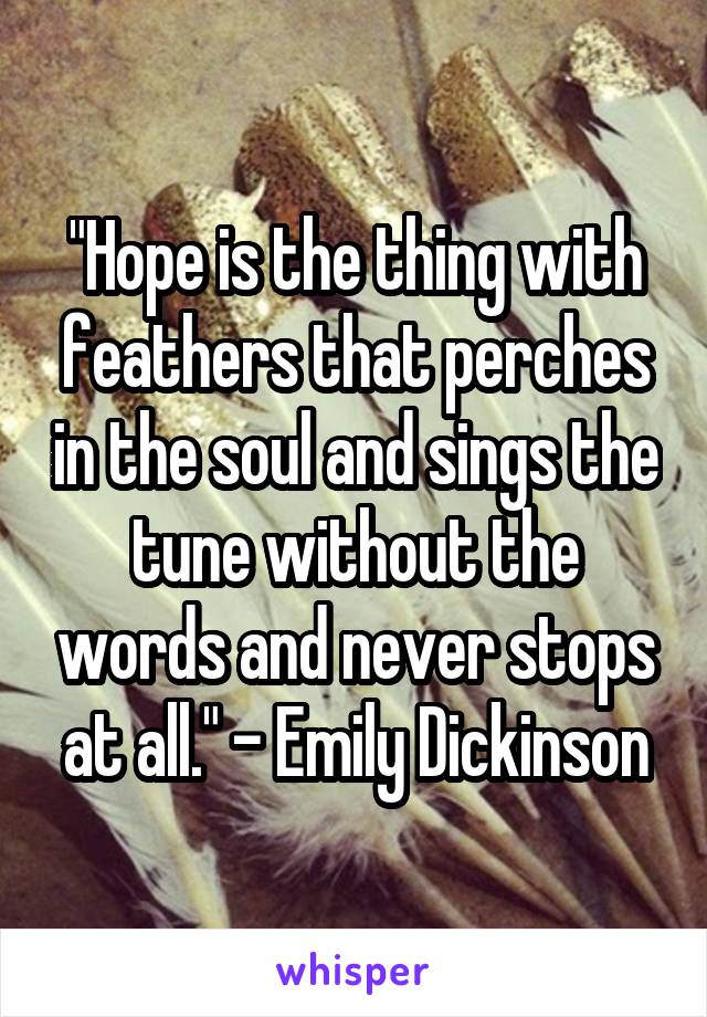 "Hope is the thing with feathers that perches in the soul and sings the tune without the words and never stops at all." - Emily Dickinson