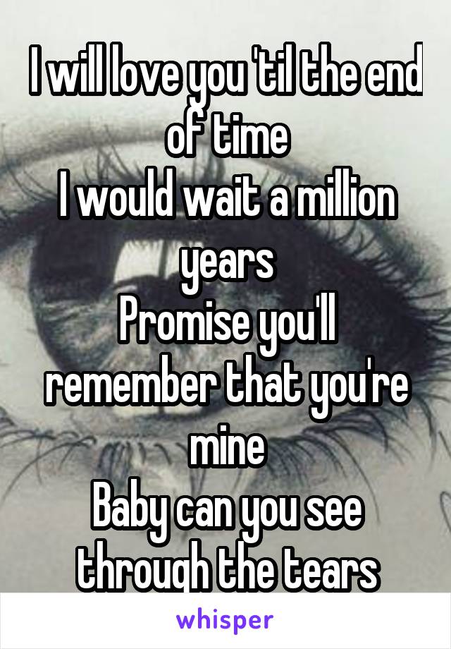 I will love you 'til the end of time
I would wait a million years
Promise you'll remember that you're mine
Baby can you see through the tears