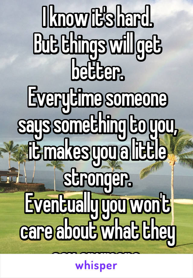 I know it's hard.
But things will get better.
Everytime someone says something to you, it makes you a little stronger.
Eventually you won't care about what they say anymore.