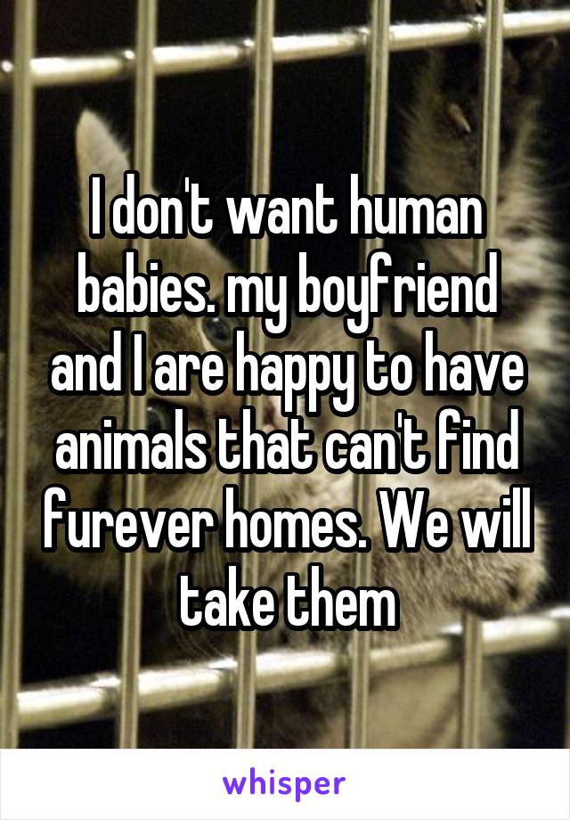 I don't want human babies. my boyfriend and I are happy to have animals that can't find furever homes. We will take them