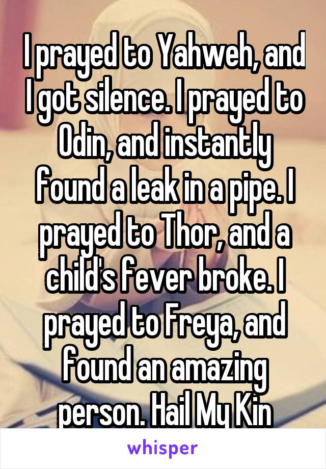 I prayed to Yahweh, and I got silence. I prayed to Odin, and instantly found a leak in a pipe. I prayed to Thor, and a child's fever broke. I prayed to Freya, and found an amazing person. Hail My Kin