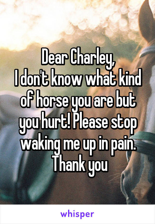 Dear Charley,
I don't know what kind of horse you are but you hurt! Please stop waking me up in pain.
 Thank you