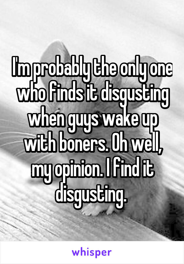 I'm probably the only one who finds it disgusting when guys wake up with boners. Oh well, my opinion. I find it disgusting. 