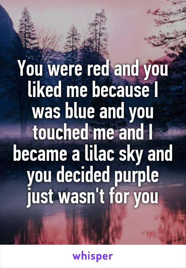 You were red and you liked me because I was blue and you touched me and I became a lilac sky and you decided purple just wasn't for you