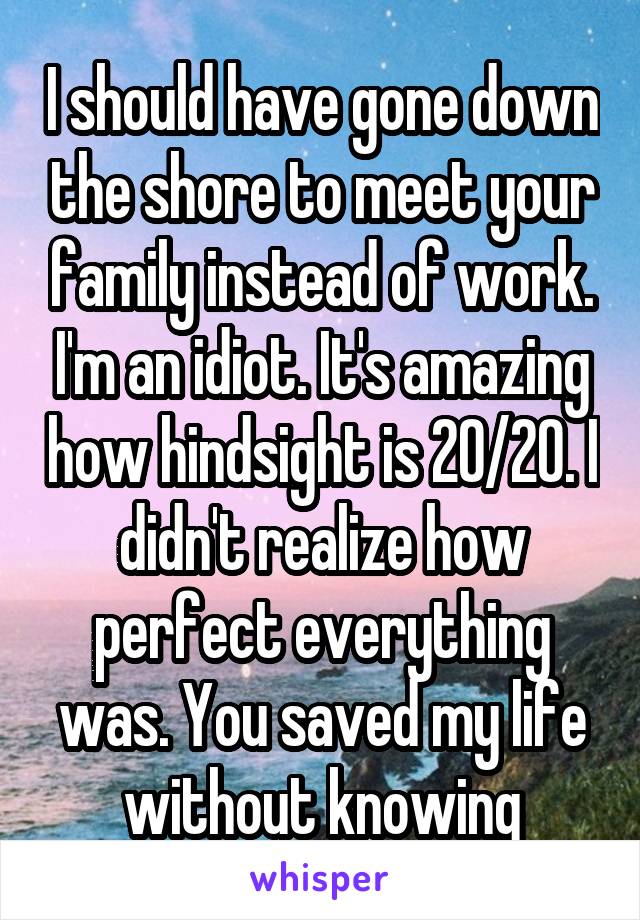 I should have gone down the shore to meet your family instead of work. I'm an idiot. It's amazing how hindsight is 20/20. I didn't realize how perfect everything was. You saved my life without knowing