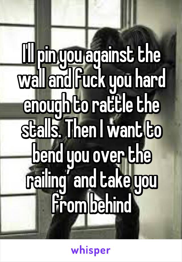 I'll pin you against the wall and fuck you hard enough to rattle the stalls. Then I want to bend you over the railing’ and take you from behind