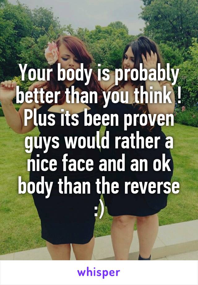 Your body is probably better than you think !
Plus its been proven guys would rather a nice face and an ok body than the reverse :)