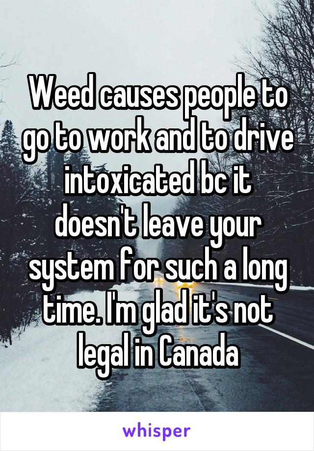 Weed causes people to go to work and to drive intoxicated bc it doesn't leave your system for such a long time. I'm glad it's not legal in Canada