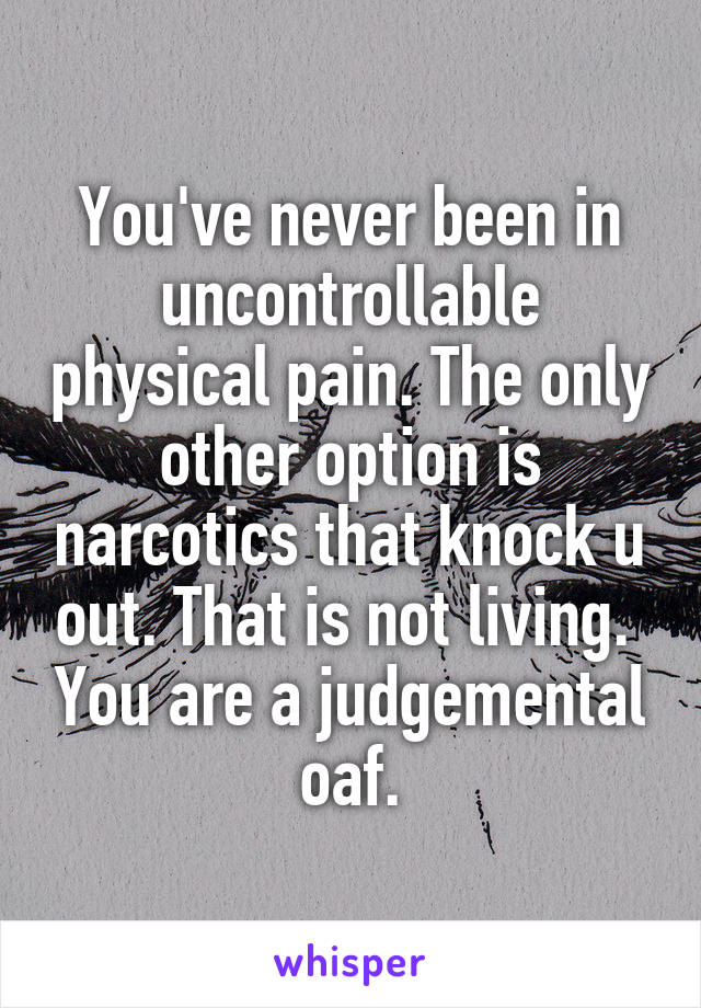 You've never been in uncontrollable physical pain. The only other option is narcotics that knock u out. That is not living.  You are a judgemental oaf.
