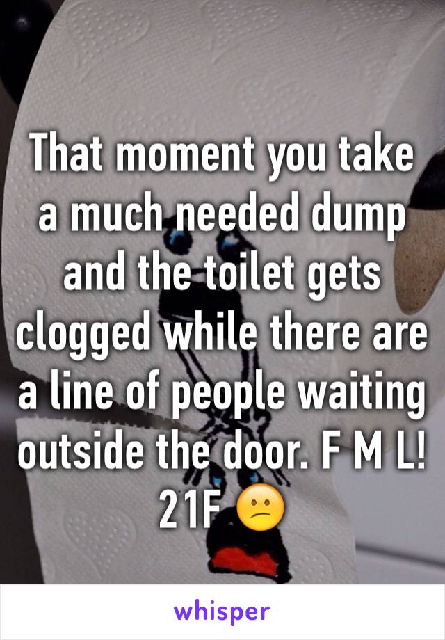 That moment you take a much needed dump and the toilet gets clogged while there are a line of people waiting outside the door. F M L! 21F 😕