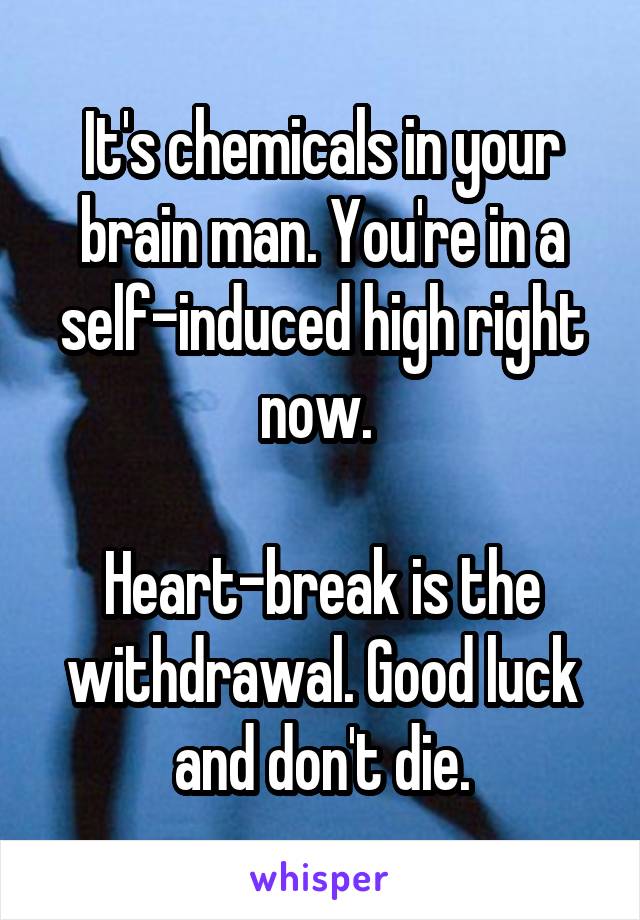 It's chemicals in your brain man. You're in a self-induced high right now. 

Heart-break is the withdrawal. Good luck and don't die.