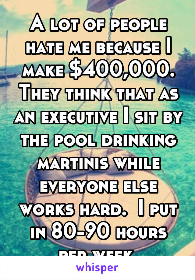 A lot of people hate me because I make $400,000. They think that as an executive I sit by the pool drinking martinis while everyone else works hard.  I put in 80-90 hours per week.