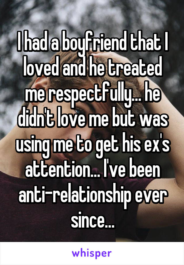 I had a boyfriend that I loved and he treated me respectfully… he didn't love me but was using me to get his ex's attention… I've been anti-relationship ever since…