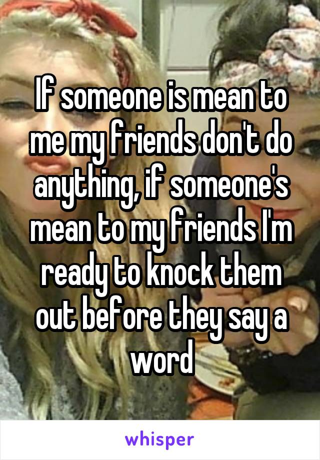 If someone is mean to me my friends don't do anything, if someone's mean to my friends I'm ready to knock them out before they say a word