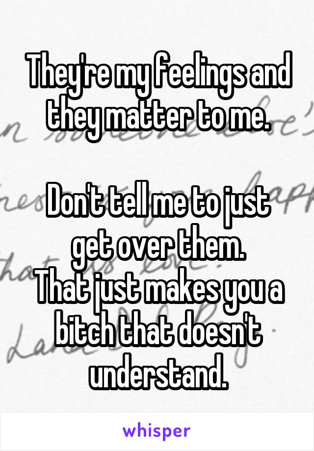 They're my feelings and they matter to me.

Don't tell me to just get over them.
That just makes you a bitch that doesn't understand.