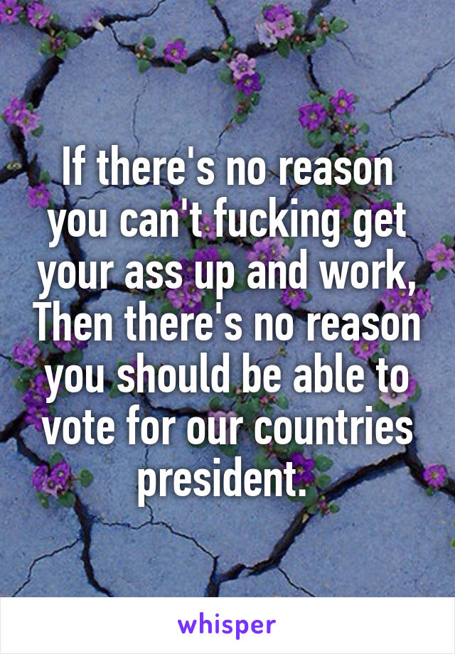 If there's no reason you can't fucking get your ass up and work, Then there's no reason you should be able to vote for our countries president. 