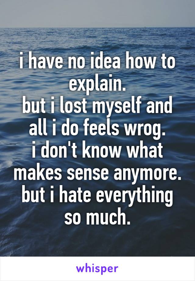 i have no idea how to explain.
but i lost myself and all i do feels wrog.
i don't know what makes sense anymore.
but i hate everything so much.