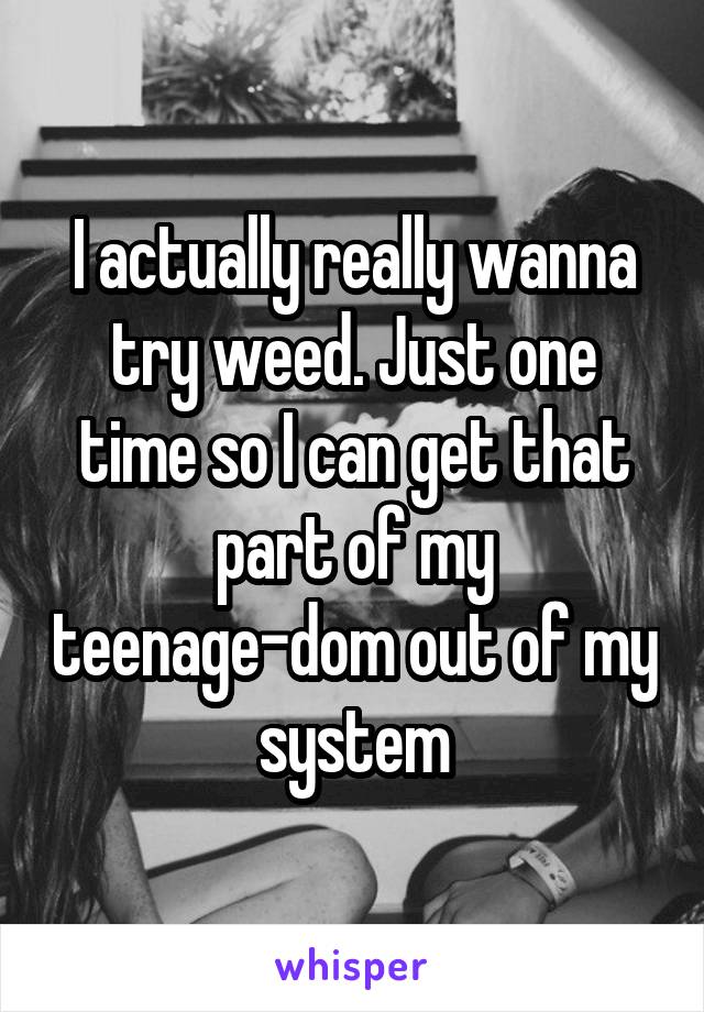 I actually really wanna try weed. Just one time so I can get that part of my teenage-dom out of my system