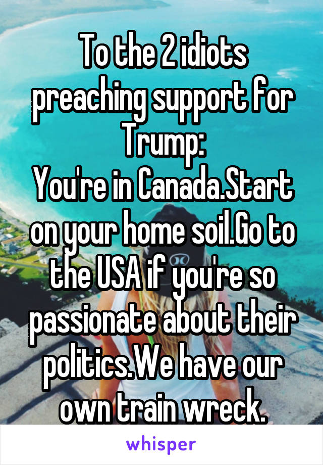 To the 2 idiots preaching support for Trump:
You're in Canada.Start on your home soil.Go to the USA if you're so passionate about their politics.We have our own train wreck.