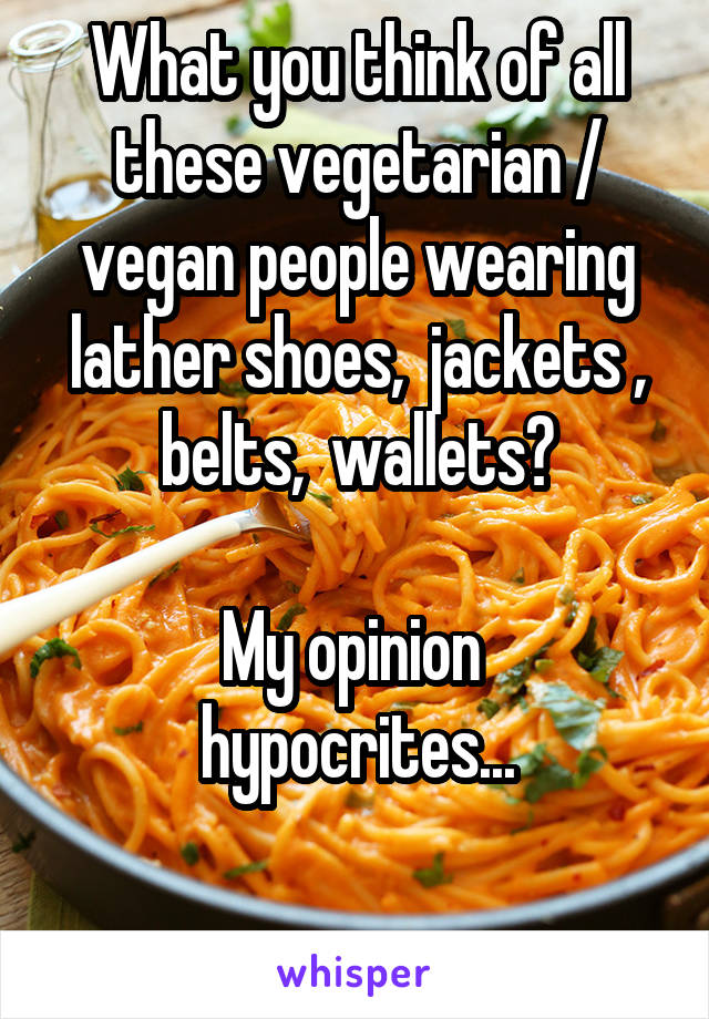 What you think of all these vegetarian / vegan people wearing lather shoes,  jackets , belts,  wallets?

My opinion  hypocrites...

