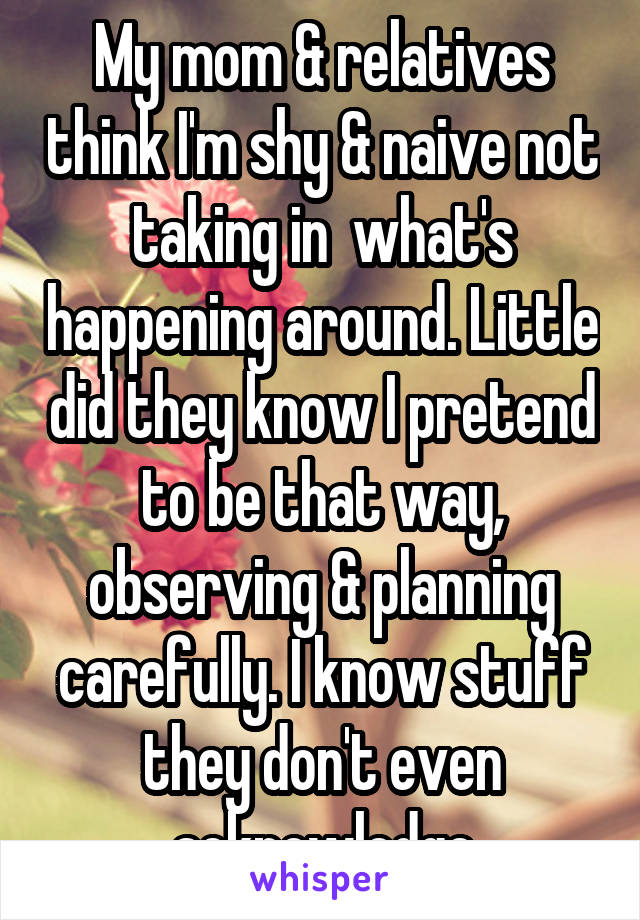 My mom & relatives think I'm shy & naive not taking in  what's happening around. Little did they know I pretend to be that way, observing & planning carefully. I know stuff they don't even acknowledge