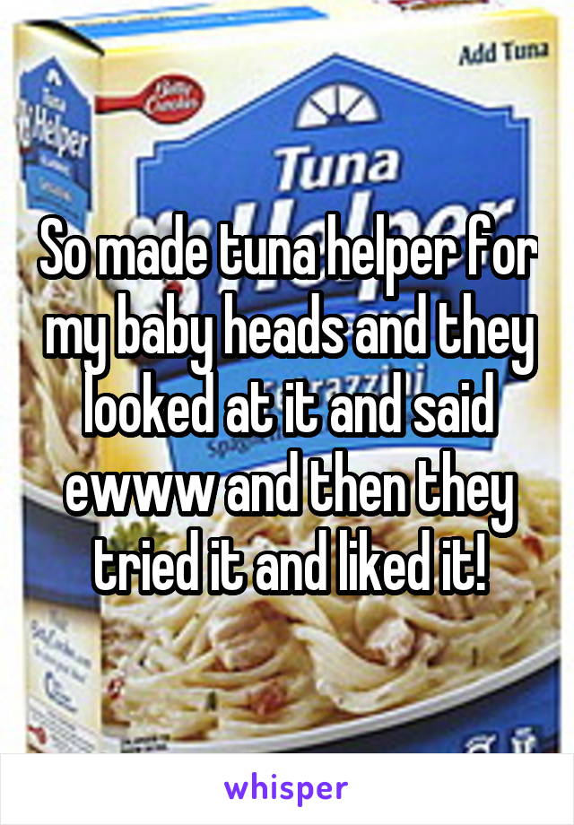 So made tuna helper for my baby heads and they looked at it and said ewww and then they tried it and liked it!