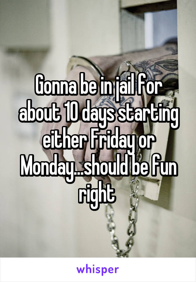 Gonna be in jail for about 10 days starting either Friday or Monday...should be fun right 